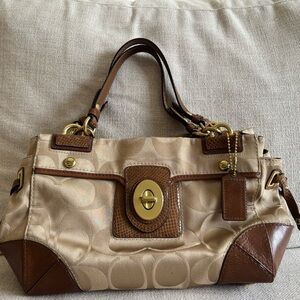 Coach Beige and Brown Signature Turn-Lock Satchel
